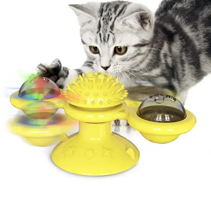 Funny Cat Toy Spinning Windmill with LED Ball ＆Catnip Scratch Hair Brush Intelligence Training Suction Cup Cats Spinner Toy