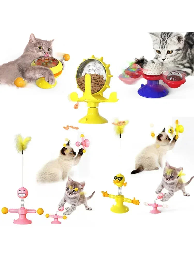 Funny Cat Toy Spinning Windmill with LED Ball ＆Catnip Scratch Hair Brush Intelligence Training Suction Cup Cats Spinner Toy