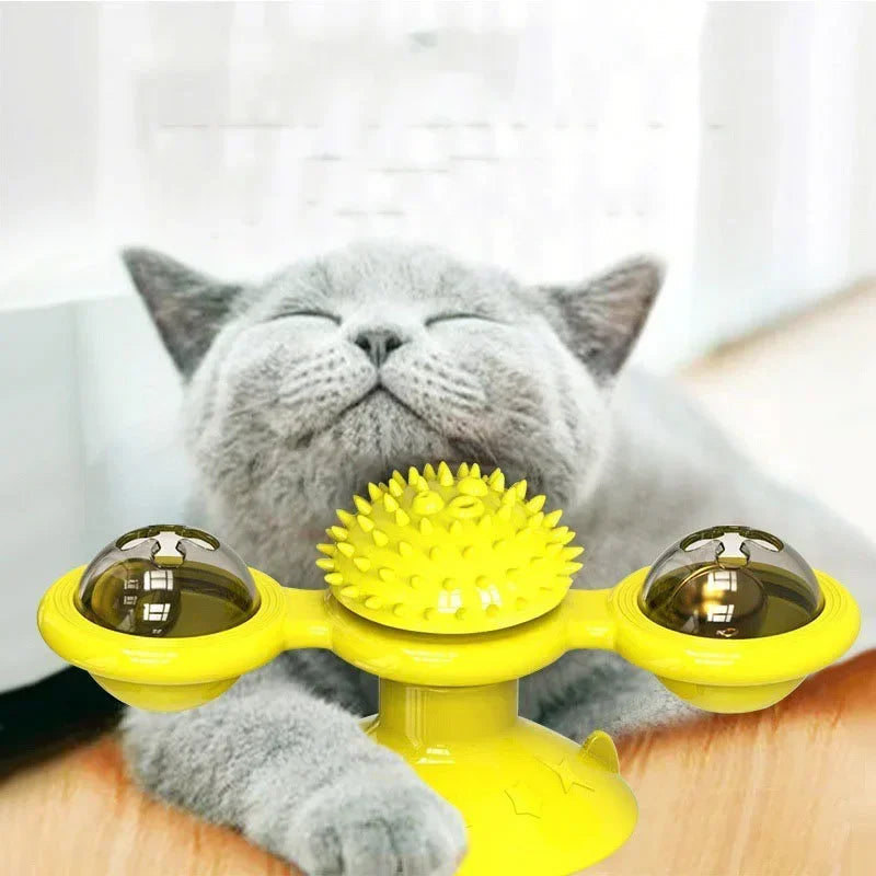 Funny Cat Toy Spinning Windmill with LED Ball ＆Catnip Scratch Hair Brush Intelligence Training Suction Cup Cats Spinner Toy