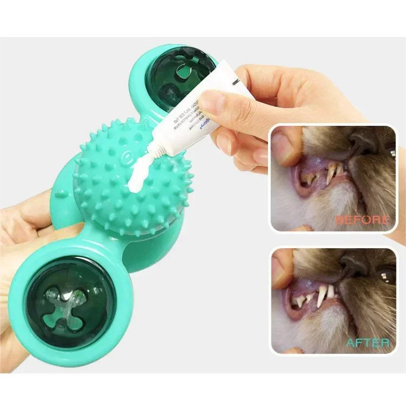 Funny Cat Toy Spinning Windmill with LED Ball ＆Catnip Scratch Hair Brush Intelligence Training Suction Cup Cats Spinner Toy