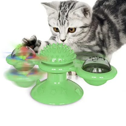 Funny Cat Toy Spinning Windmill with LED Ball ＆Catnip Scratch Hair Brush Intelligence Training Suction Cup Cats Spinner Toy