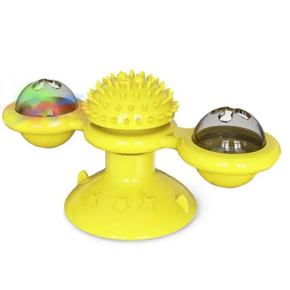 Funny Cat Toy Spinning Windmill with LED Ball ＆Catnip Scratch Hair Brush Intelligence Training Suction Cup Cats Spinner Toy