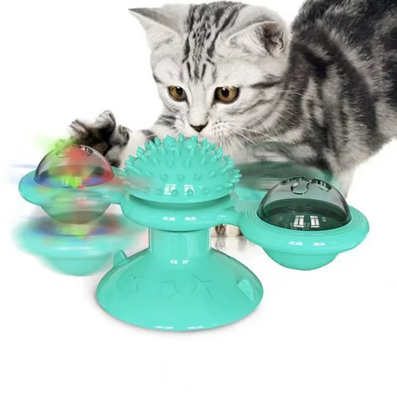 Funny Cat Toy Spinning Windmill with LED Ball ＆Catnip Scratch Hair Brush Intelligence Training Suction Cup Cats Spinner Toy